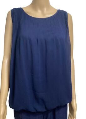 Max Studio Navy Blue Pleated Sleeveless Bubble Hem Blouse Top size L